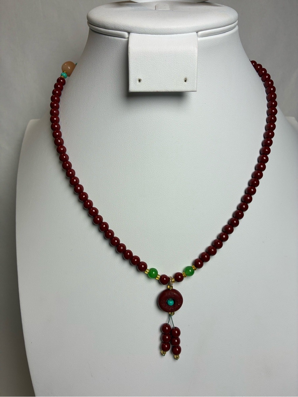 Wine Beaded Pendant Necklace with Green Accent Beads New